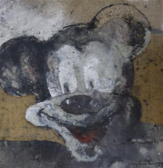 Modern British, mixed media, Mickey Mouse, indistinctly signed, 46 x 46cm.